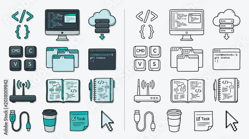 Photos Collection of icons representing software development, coding, and technology concepts, including computers, code snippets, cloud storage, and networking devices