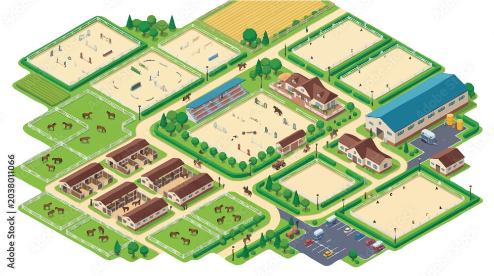 Fototapeta premium Isometric Equestrian Center and Horse Ranch Illustration with Stables, Jumping Arenas, and Paddocks