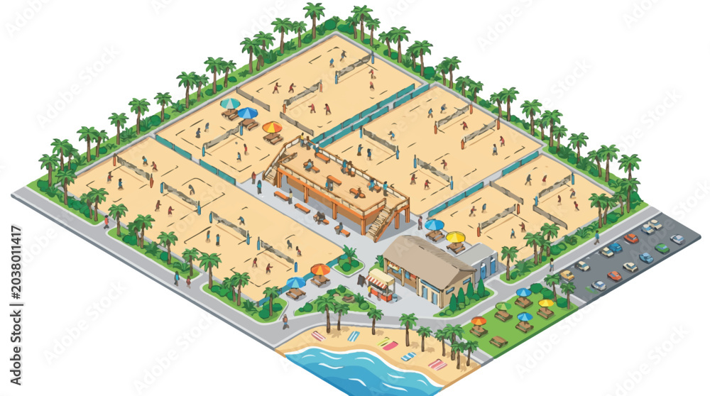 Fototapeta premium Isometric Illustration of a Tropical Beach Volleyball and Pickleball Sports Resort with Multiple Courts and Pavilion