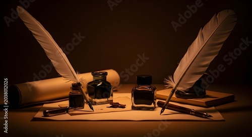 Antique Writing Set with Quills Inkwells and Scroll