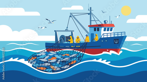 Tableau sur toile Net Fishing Boat Hauling Catch on Open Ocean