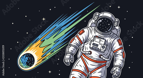 Fotografie Astronaut floating in space near a fiery meteor, cosmic journey, stars backgroun
