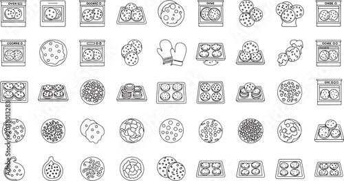 Black and white of various baked goods and cooking utensils cookies muffins oven