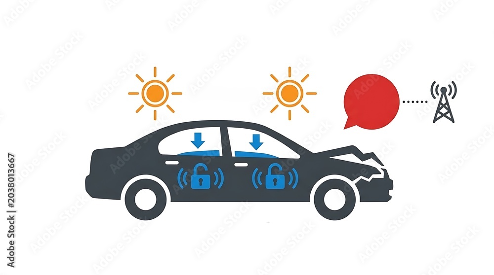 Fototapeta premium Car accident simulation icon showcasing smart vehicle safety systems unlocking doors and sending emergency signals after a crash.