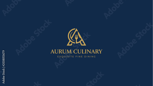 Photos Elegant Aurum Culinary Restaurant Logo Design with Fork and Plate Monogram