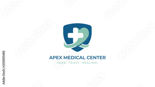 Apex Medical Center Logo Design with Shield and Cross Symbol