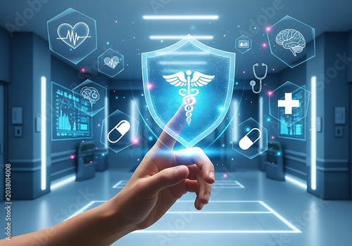 Futuristic digital healthcare interface with a hand touching a glowing medical shield icon in a hightech hospital corridor