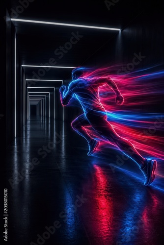 Futuristic athlete sprinting in neon tunnel with dynamic light trails
