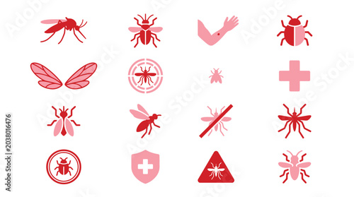 Foto Collection of insect icons and symbols, including mosquitoes, flies, and beetles, with medical and warning signs