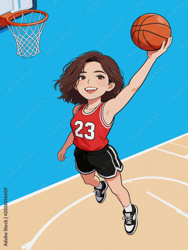 Naklejka premium Cartoon Female Athlete Performing Basketball Layup on Court