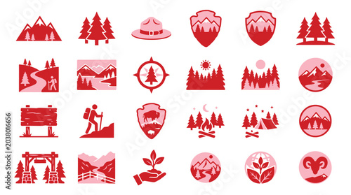 Bild auf Leinwand Collection of National Park and Outdoor Adventure Icons in Pink and Red Tones