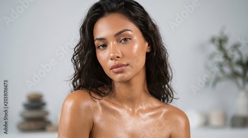 Confident woman with glowing skin applying skincare product in serene bathroom setting