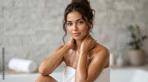 Relaxed woman in white tank top resting hand on chin with soft bathroom background for wellness and beauty branding