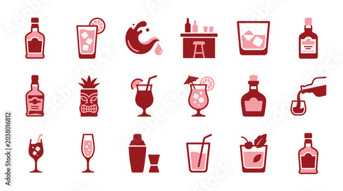 Tableau sur toile Collection of flat icons representing alcoholic drinks, cocktails, bottles, and bar elements