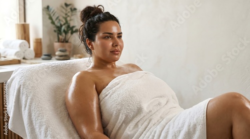 Serene woman enjoying a peaceful spa day, embracing self-care and relaxation in a tranquil wellness environment, promoting body positivity and natural beauty