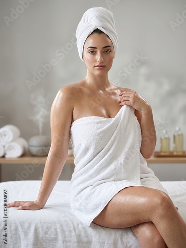 Serene young woman wrapped in soft white towels, showcasing healthy, glowing skin after a relaxing spa treatment in a tranquil wellness center setting, embodying self-care and beauty rituals