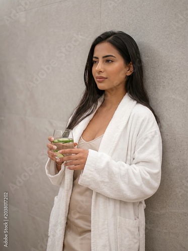 Relaxed woman in cozy white robe holding glass of white wine against neutral wall backdrop
