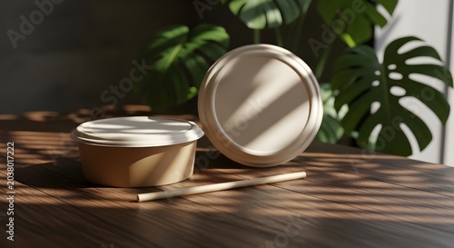 Round takeaway food container with lid resting in natural sunlight, showcasing practical food packaging with a modern lifestyle appeal.