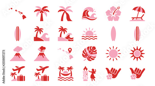 Canvastavla Collection of Hawaiian themed icons including volcanoes, surfboards, palm trees, and tropical elements
