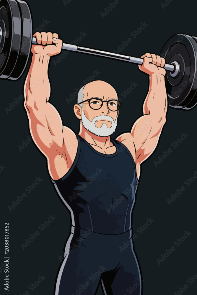 Fototapeta premium Senior muscular man performing overhead barbell lifting exercise