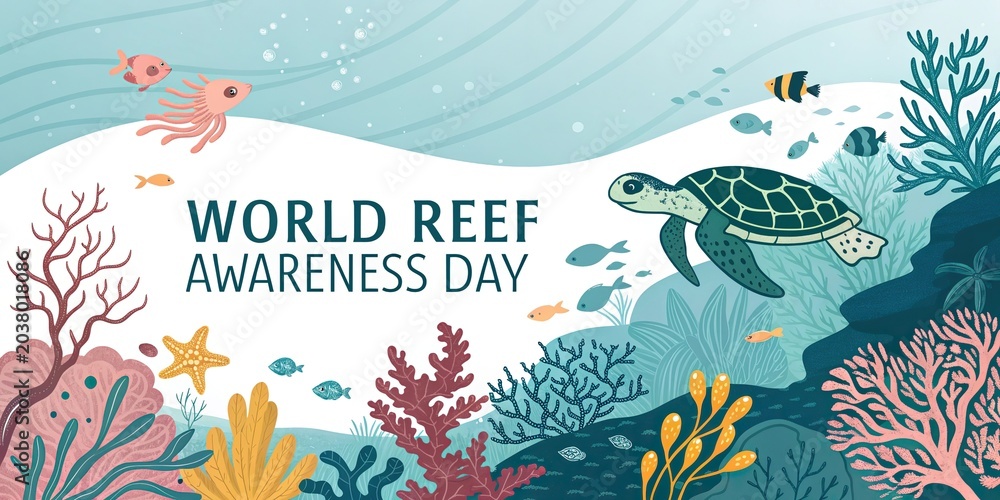 Fototapeta premium Colorful coral reef with tropical fish underwater ocean scene World Reef Day banner