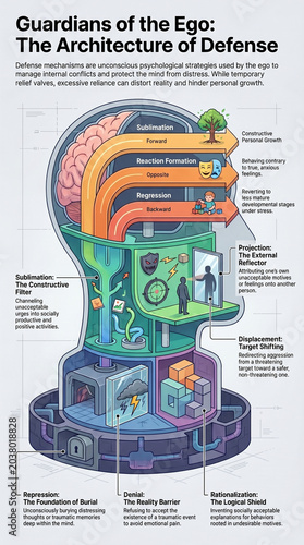 Psychology Infographic of Ego Defense Mechanisms: Architecture of Mental Coping Strategies Chart