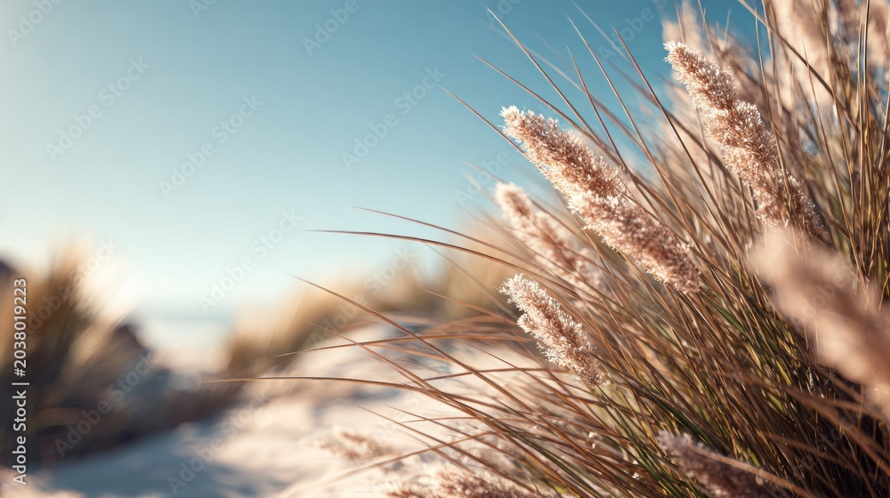 Obraz premium Whispers of the Coast: Pampas Grass Swaying in Gentle Breeze Near the Beach