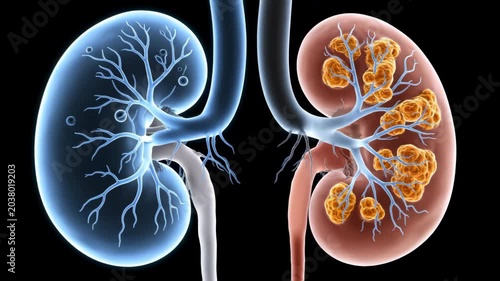 Two kidneys are shown one healthy and one with kidney stones.