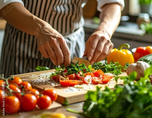 Close-up of a person chopping fresh vegetables on a wooden cutting board in a brightly lit kitchen. The chef wears a striped apron