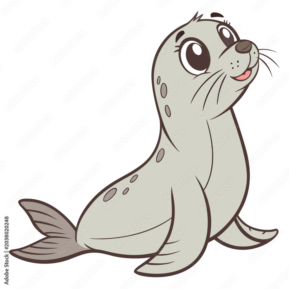 Fototapeta premium Adorable cartoon seal pup smiling and looking up illustration with illustration friendly whiskers wildlife character