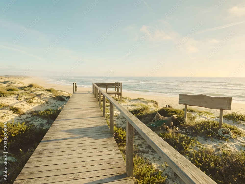 Fototapeta premium Wooden boardwalk leading to a quiet beach at sunset. Generative AI.