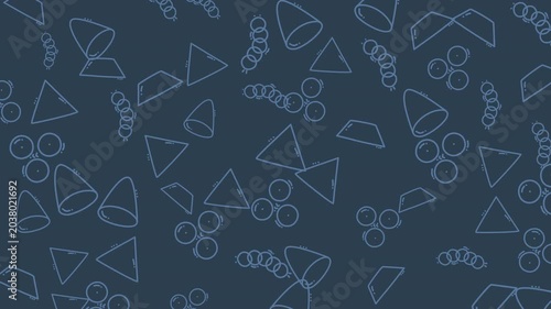 Repeating patterns of geometric shapes like triangles, circles, and cones on a dark blue background. Suitable for abstract art designs.