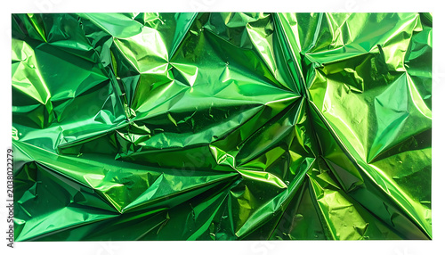 Shiny crumpled green metallic foil texture, abstract geometric patterns and highlights, vibrant color surface reflecting light