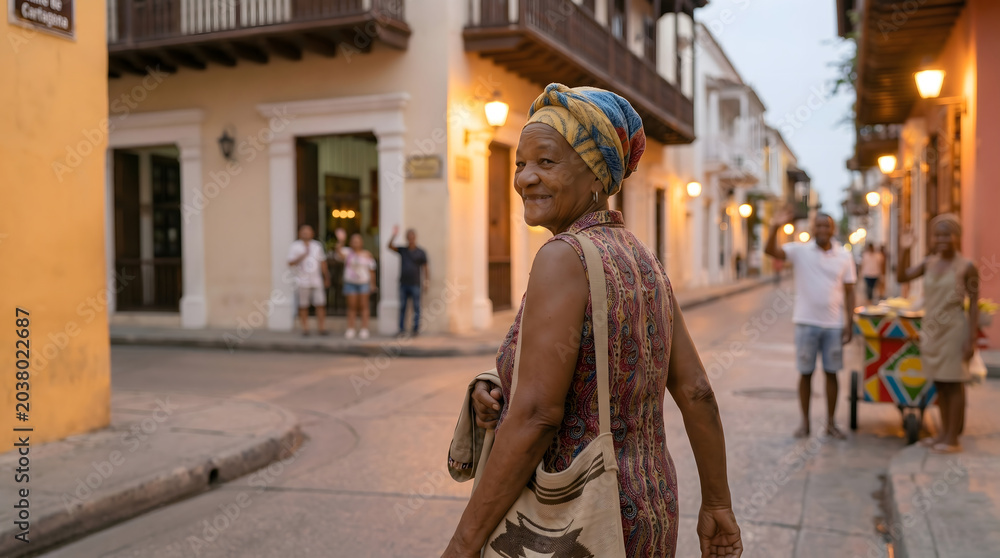 Fototapeta premium Smiling woman walks down colorful street at dusk