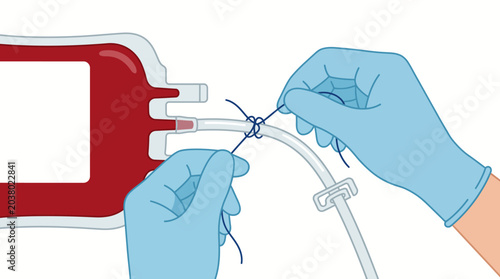 Gloved Hands Tying a Knot on a Medical Tube Connected to a Blood Bag