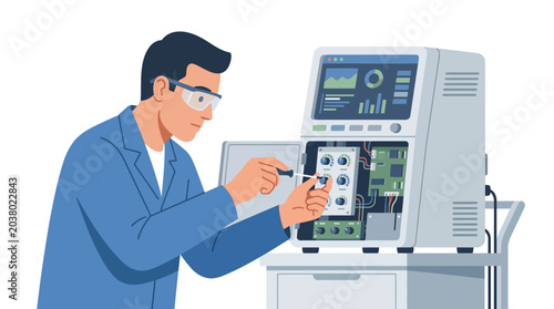 Technician working on advanced medical equipment with circuits and displays