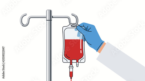 Healthcare professional prepares blood transfusion with IV drip system