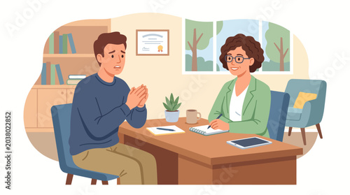 Mental health support Man consults female psychologist in office setting