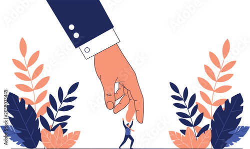 Foto Giant Boss Hand Pressing Down on Tiny Businessman for Corporate Pressure Control