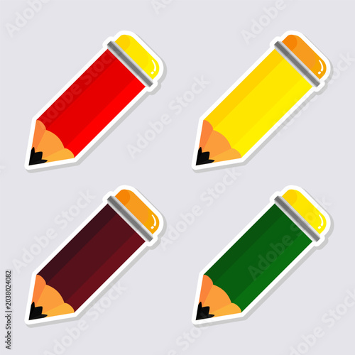 Four colorful pencil stickers in red, yellow, brown, green, flat vector school stationery illustration