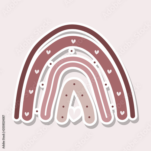 Boho rainbow sticker with hearts and dots in muted red pink tones, flat vector nursery decor illustration