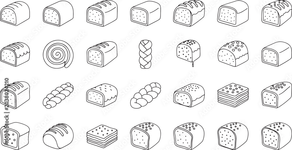 Fototapeta premium Assorted Sketched Bread Loaves and Rolls in Black and White Line Style bread rolls line black and white