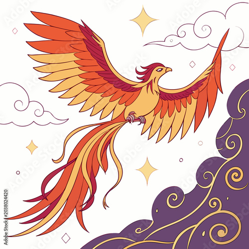 Canvastavla Mythical phoenix bird flying through clouds with mythical legendary mythology cr