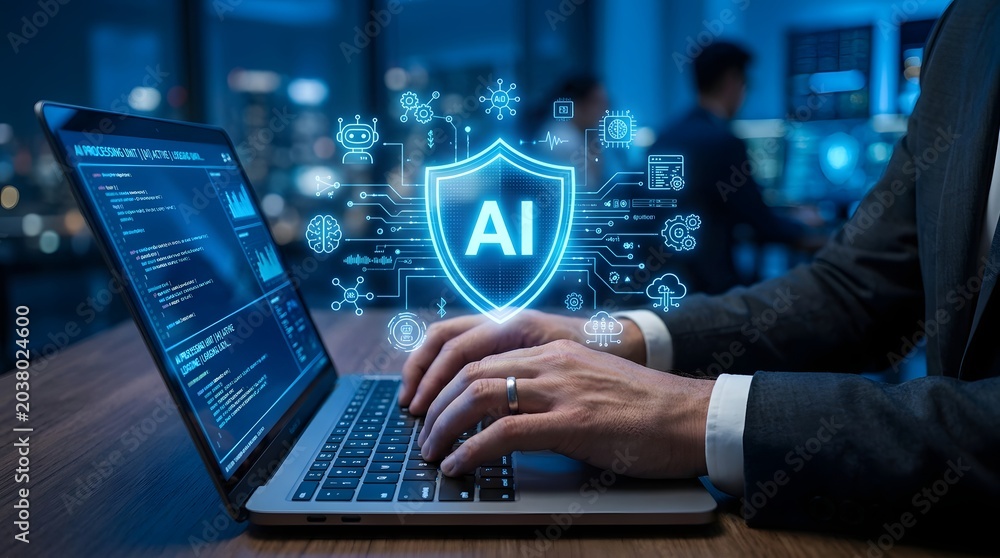 Fototapeta premium Businessman working on laptop with ai shield and coding interface on screen in modern office