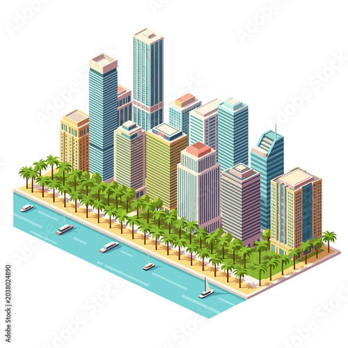 Isometric 3D view of a waterfront city with skyscrapers