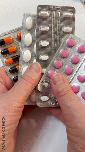 The elderly woman's old hands are holding blisters of tablets and capsules in front of her. Close-up of pills and wrinkled hands