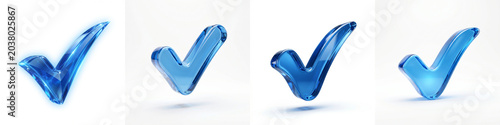 Checkmark icon set. Approve symbol. Blue glass check mark icon. 3d Check mark icon transparent background