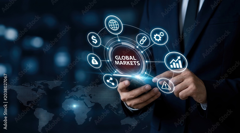 Fototapeta premium Global markets, finance, business, technology, investment, digital transformation, economy, Businessman using smartphone for international trade and corporate financial growth.