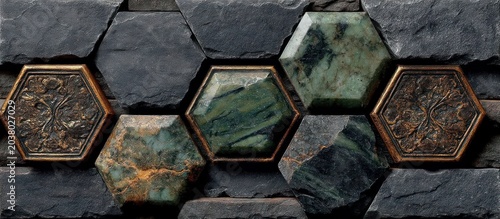 Hexagonal Stone Tiles with Ornate and Natural Textures.