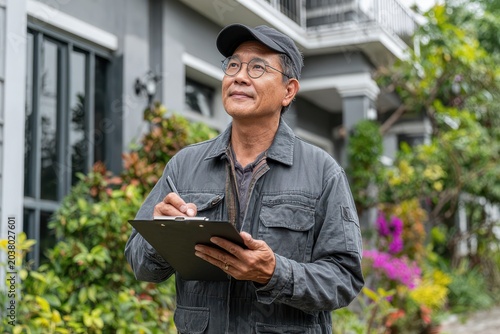 Middle-aged man in casual work attire examines documents while standing near flowering plants outside a house.